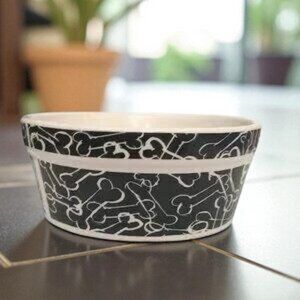 Bones Black & White Stoneware Dog Bowl